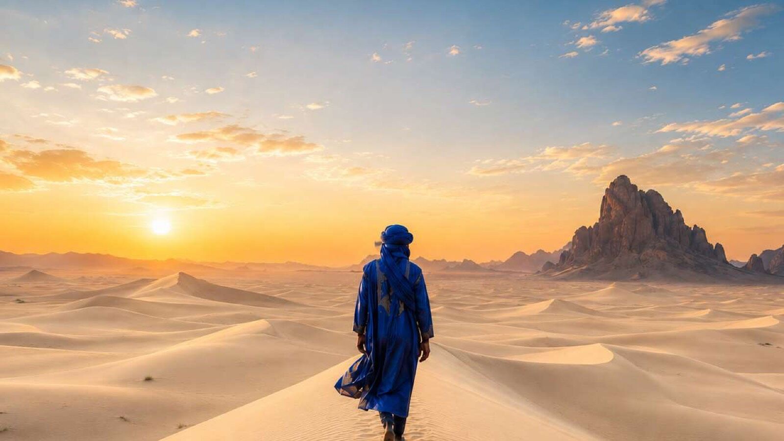 A traveller in indigo robes walking across sunlit dunes at first light